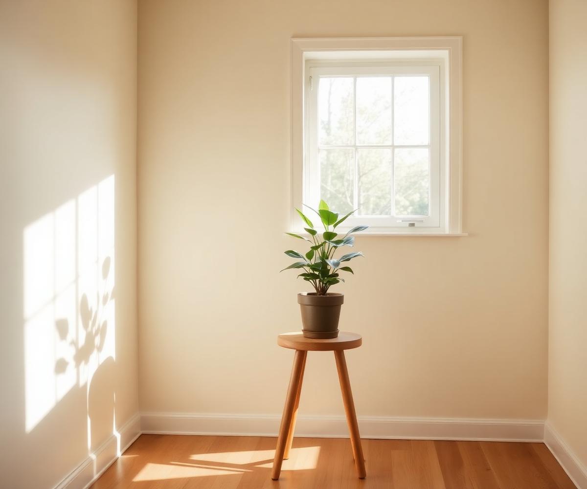 A sunlit minimal interior with a single plant, evoking calm and stillness